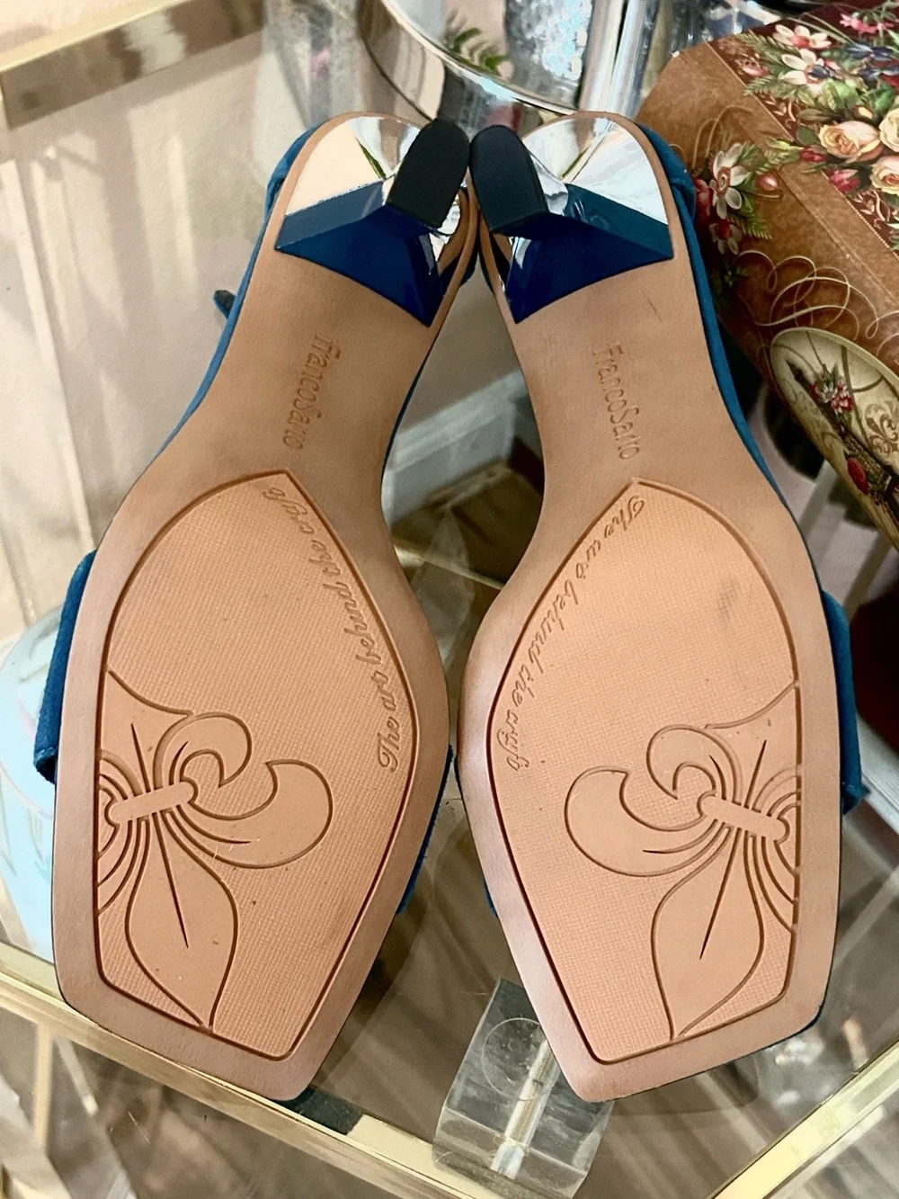 Never Worn * Franco Sarto Blue Suede Open-Toe Silver Heel Sandals Size 9.5